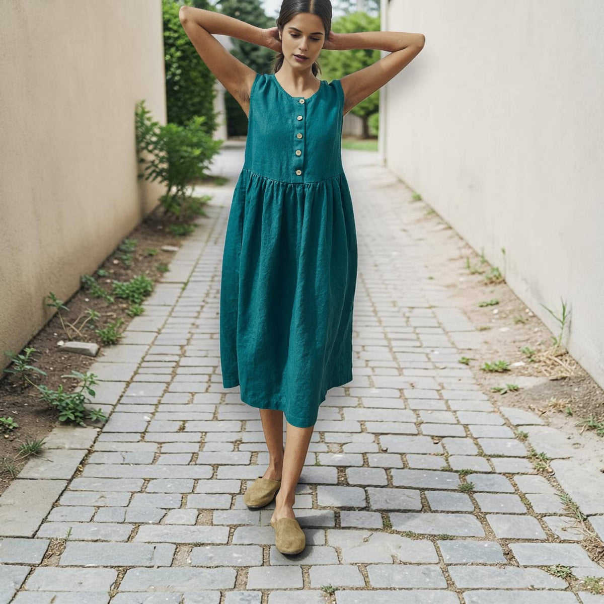 Button-Front Linen Midi Dress, Sleeveless Gathered-Skirt