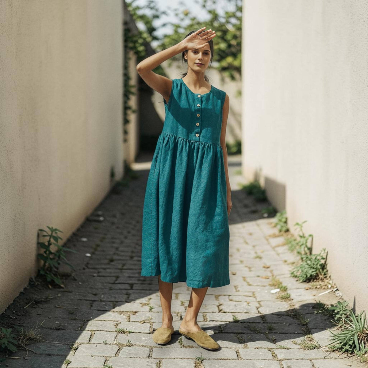 Button-Front Linen Midi Dress, Sleeveless Gathered-Skirt