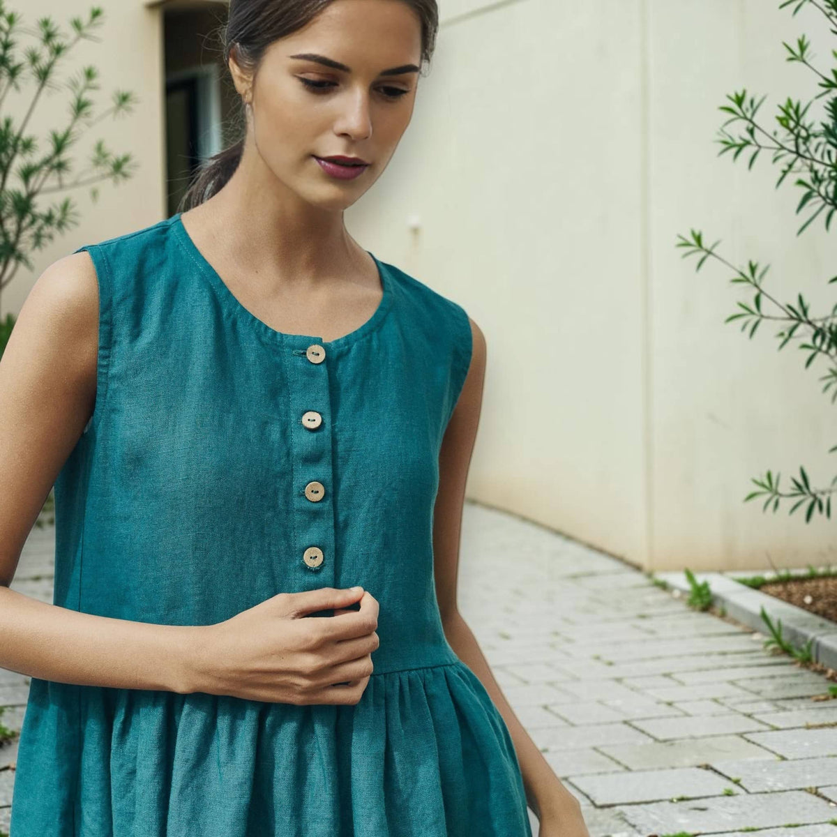 Button-Front Linen Midi Dress, Sleeveless Gathered-Skirt