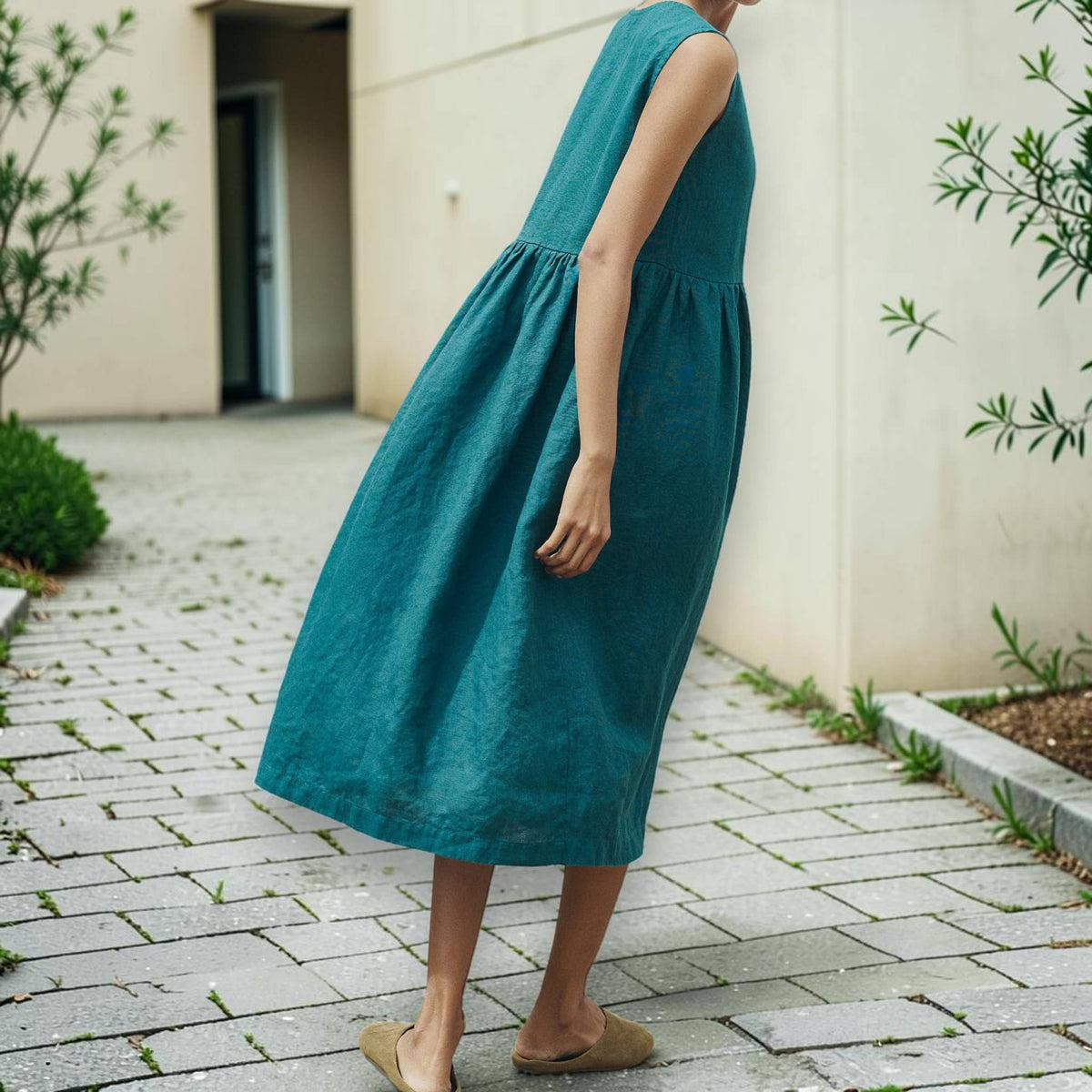 Button-Front Linen Midi Dress, Sleeveless Gathered-Skirt