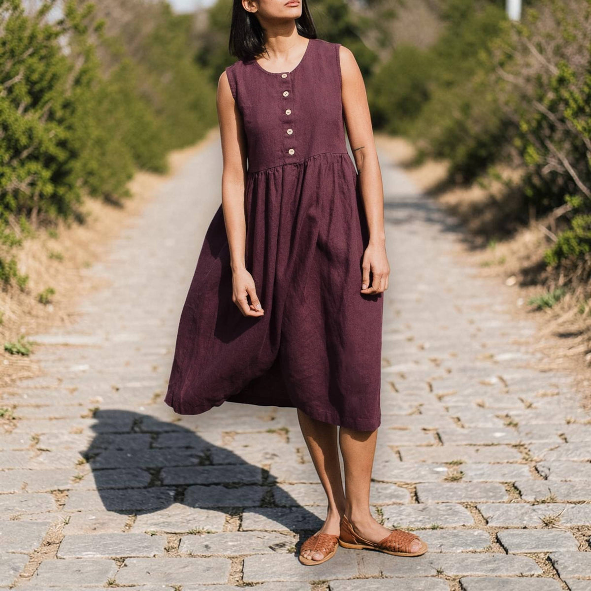 Button-Front Linen Midi Dress, Sleeveless Gathered-Skirt