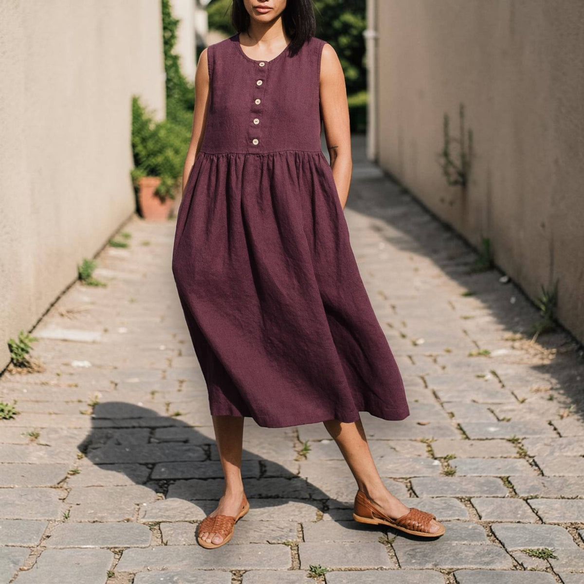 Button-Front Linen Midi Dress, Sleeveless Gathered-Skirt