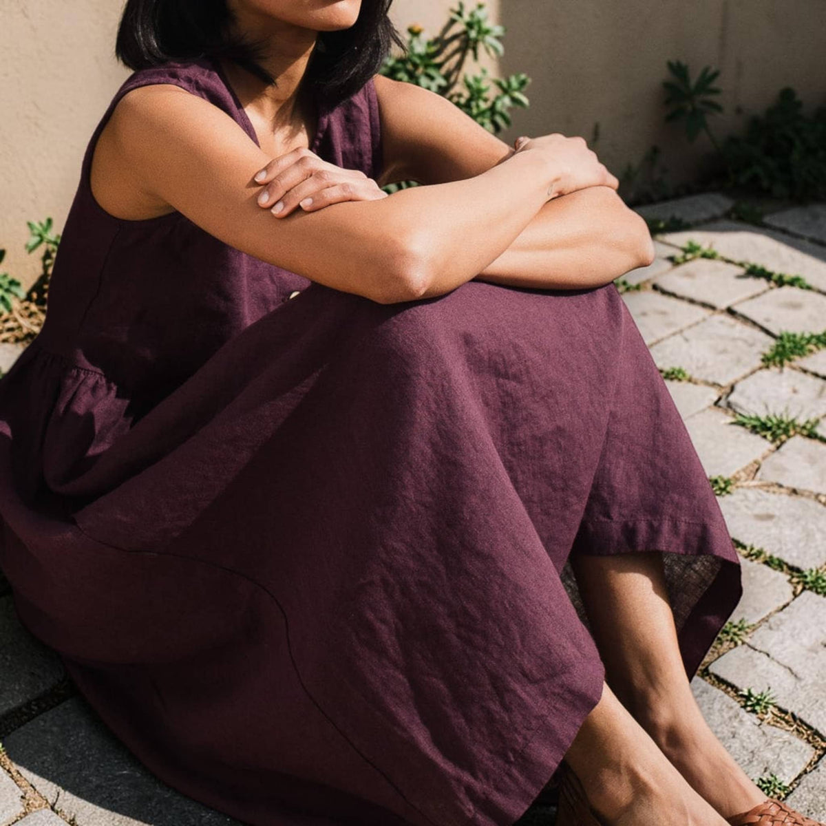Button-Front Linen Midi Dress, Sleeveless Gathered-Skirt