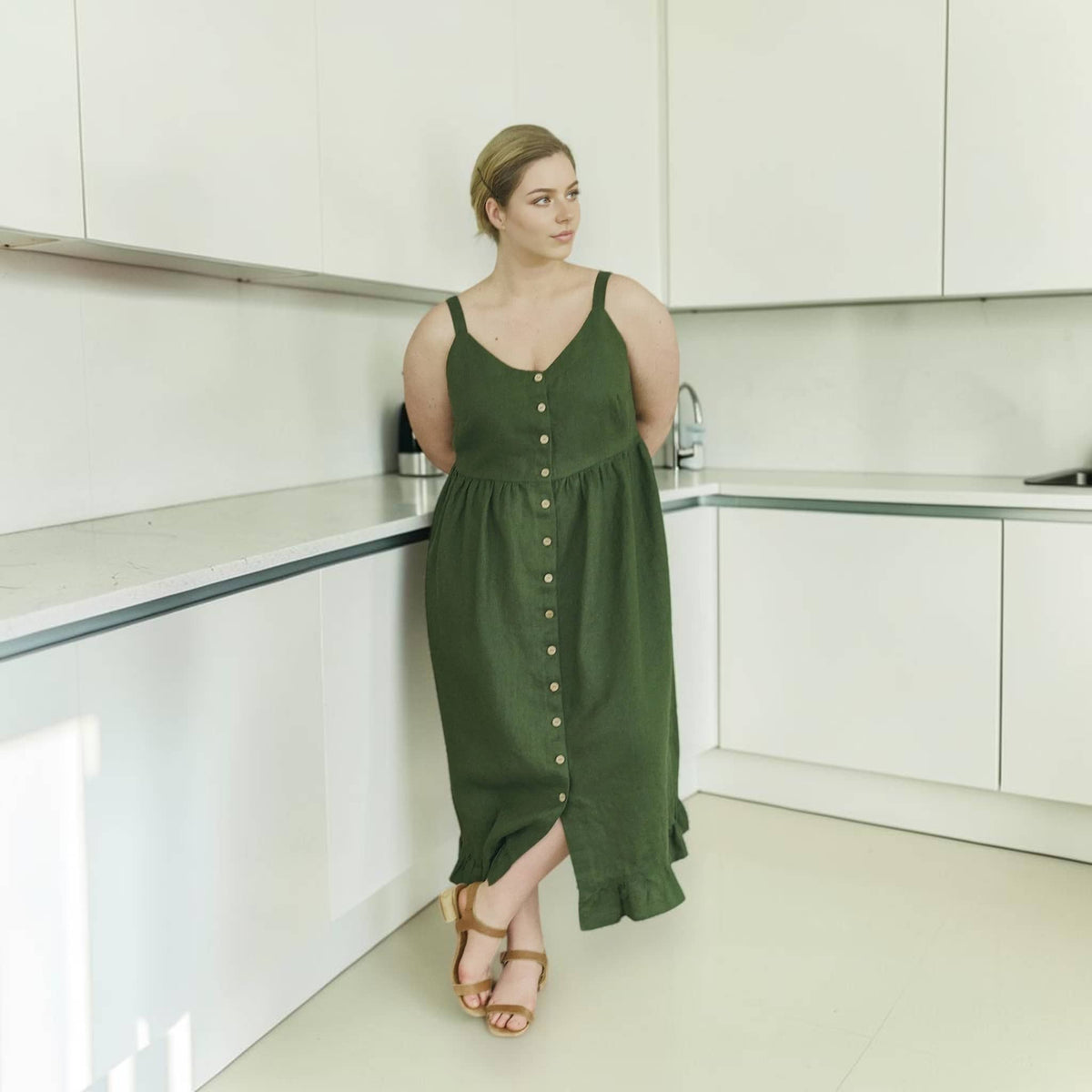 Button Front Linen Midi Dress, V Neck Ruffle Hem