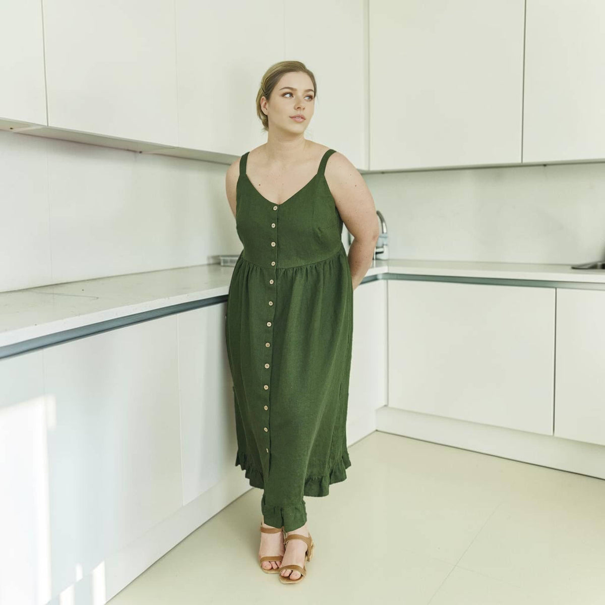 Button Front Linen Midi Dress, V Neck Ruffle Hem