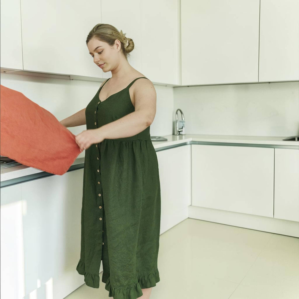 Button Front Linen Midi Dress, V Neck Ruffle Hem