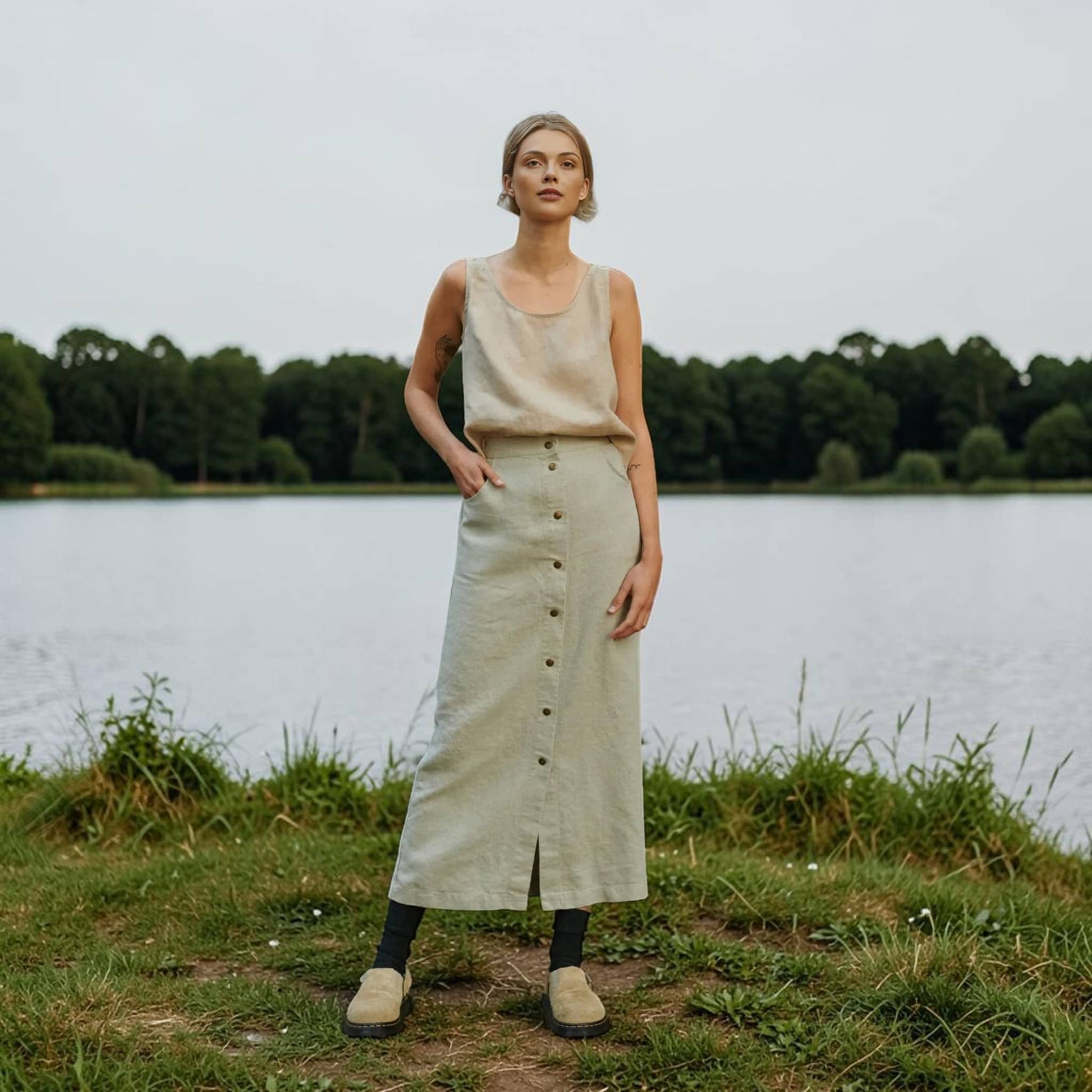 Button Front Linen Midi Skirt, High-Waisted Side Pockets