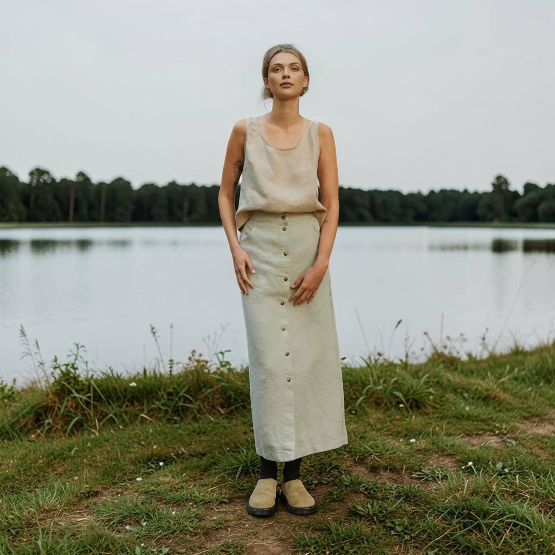 Button Front Linen Midi Skirt, High-Waisted Side Pockets
