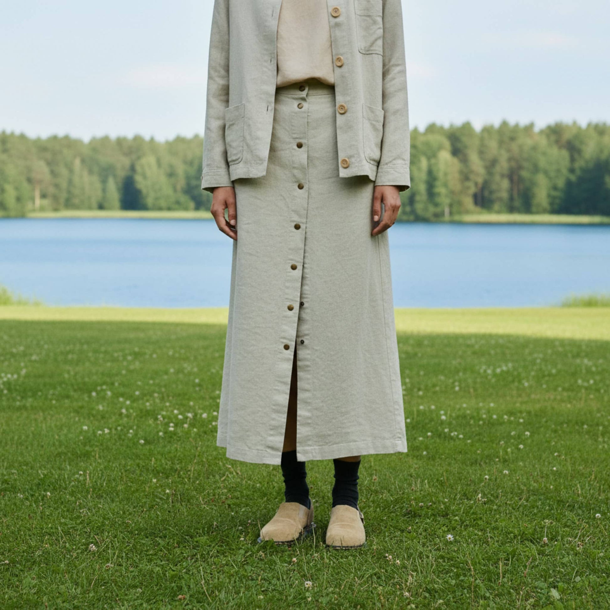 Button Front Linen Midi Skirt, High-Waisted Side Pockets