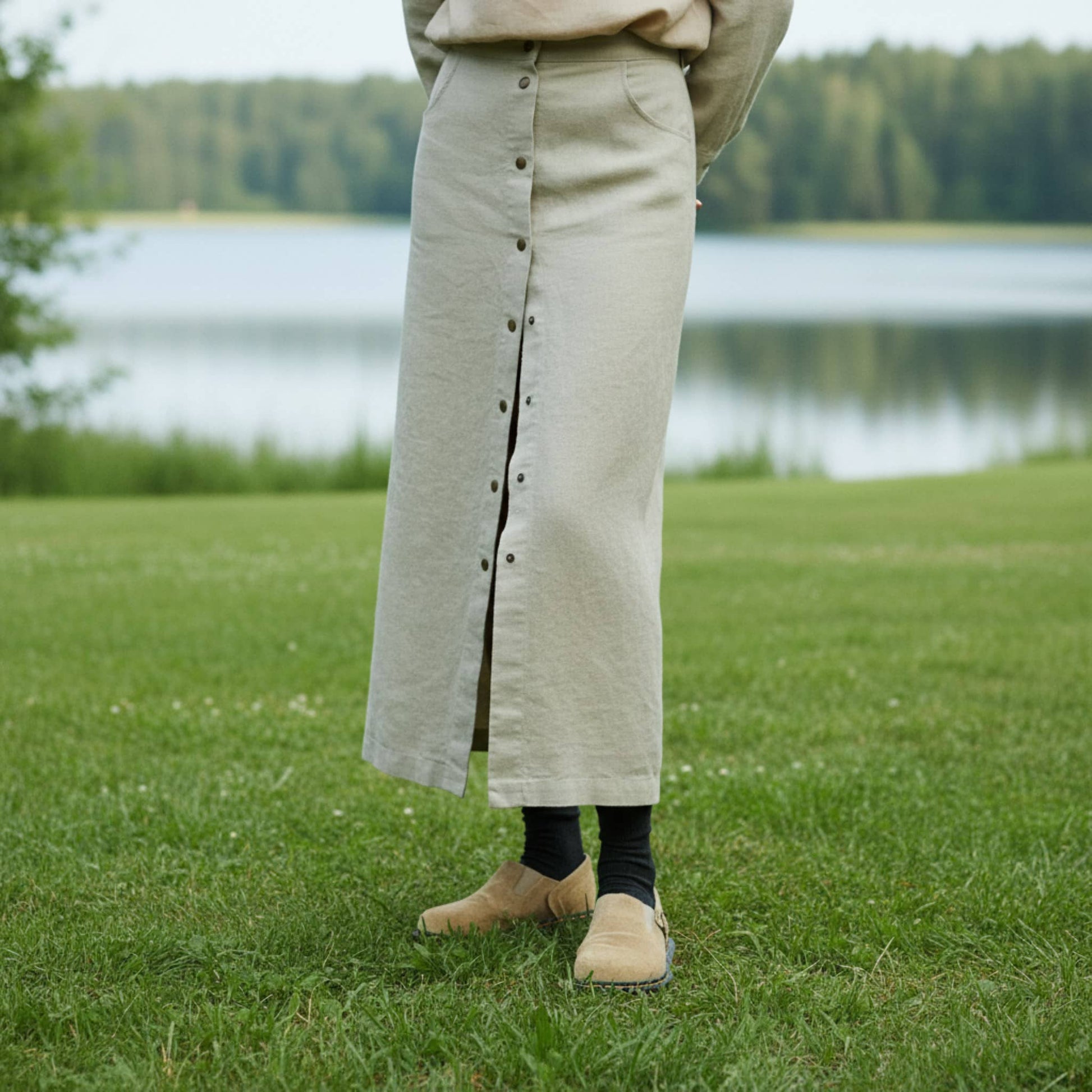 Button Front Linen Midi Skirt, High-Waisted Side Pockets