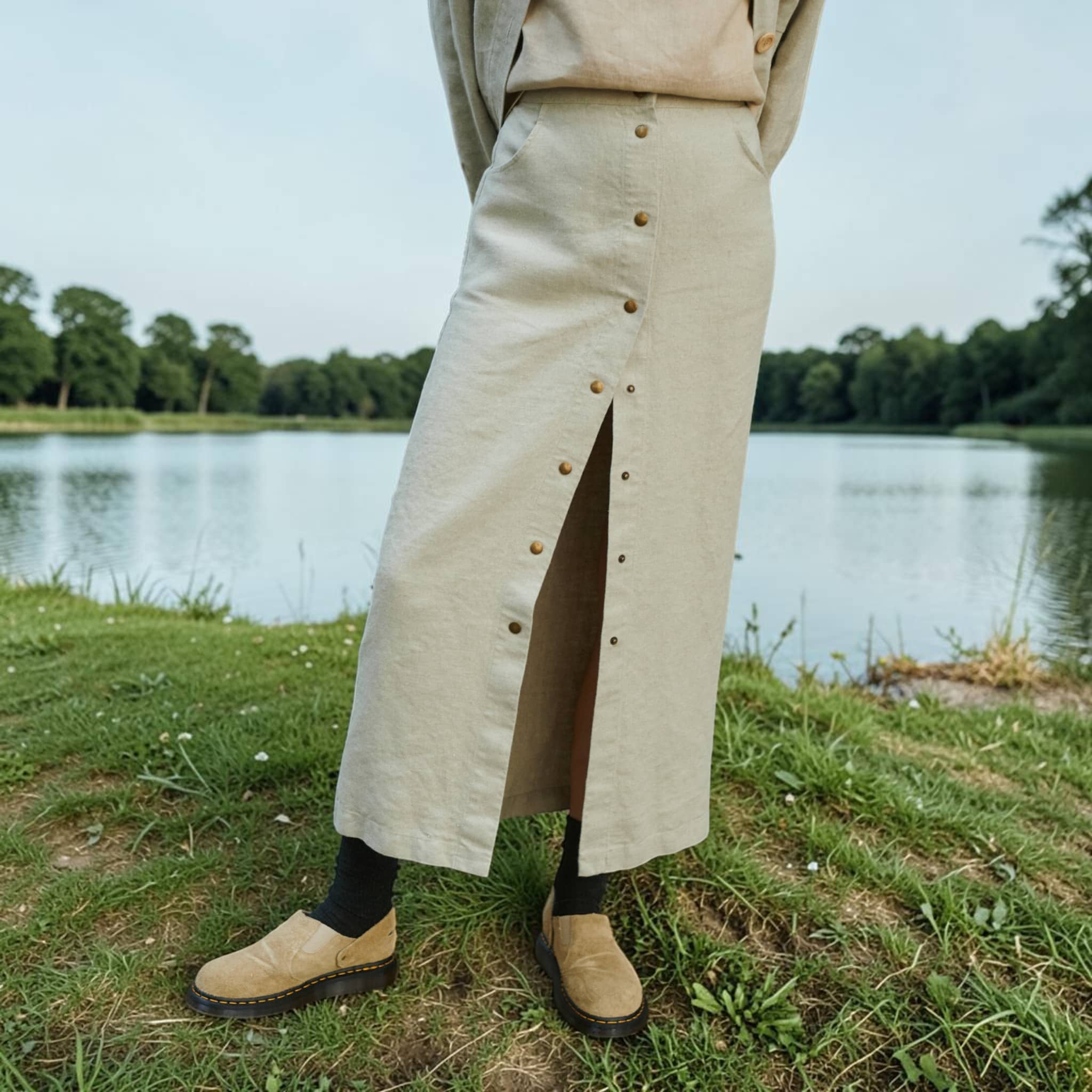 Button Front Linen Midi Skirt, High-Waisted Side Pockets