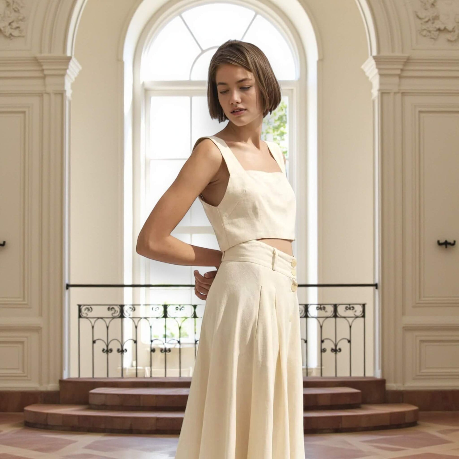 Button-Front Linen Midi Skirt, Linen A-Line Midi Skirt
