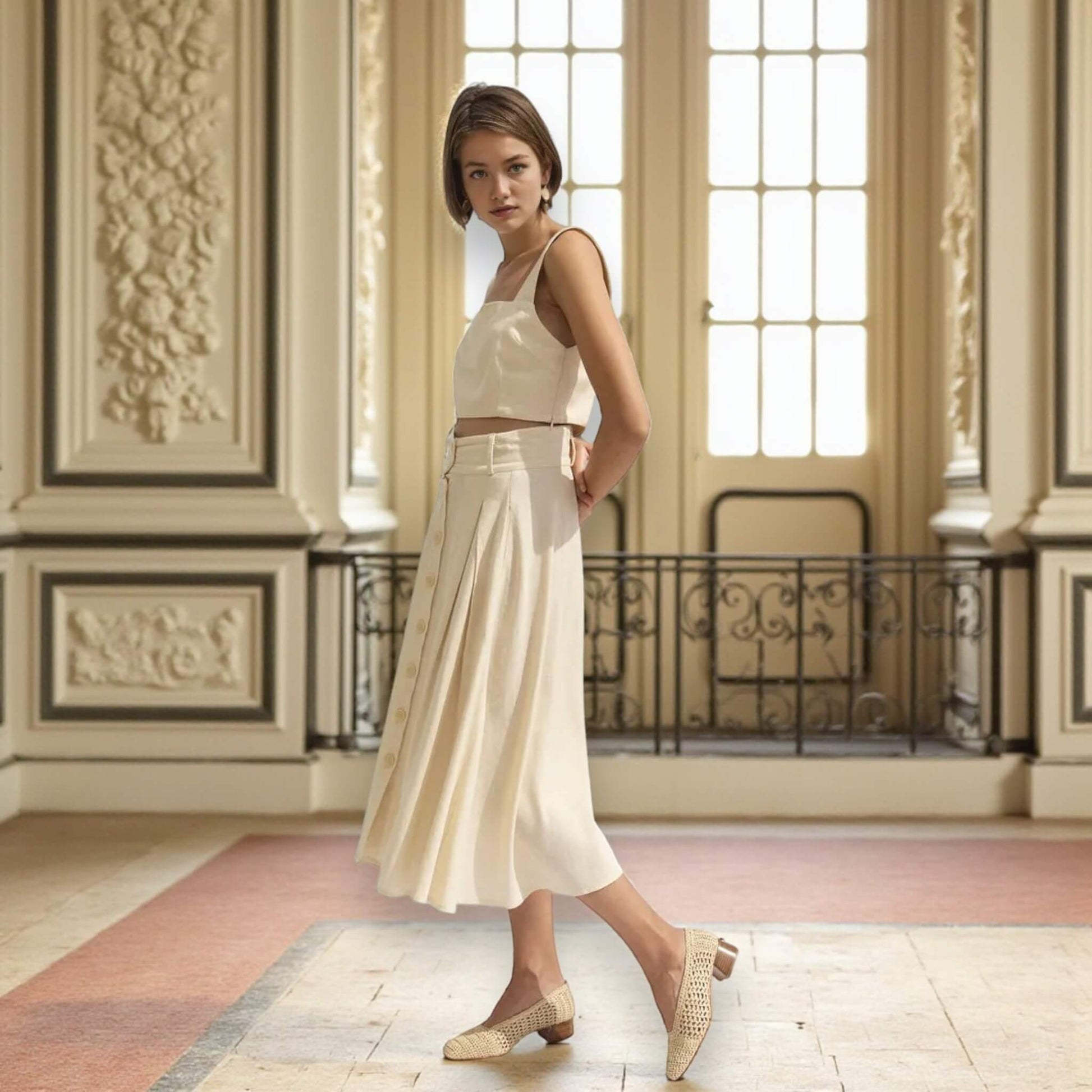 Button-Front Linen Midi Skirt, Linen A-Line Midi Skirt