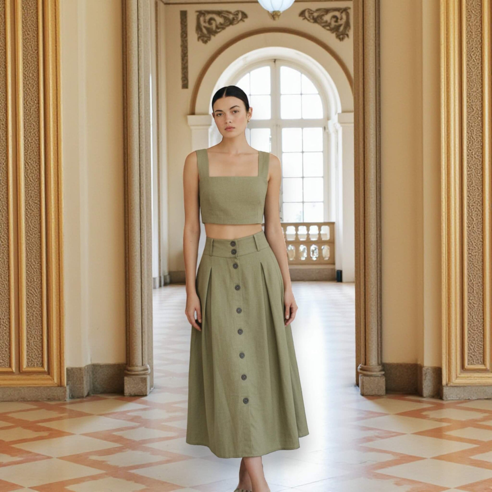 Button-Front Linen Midi Skirt, Linen A-Line Midi Skirt