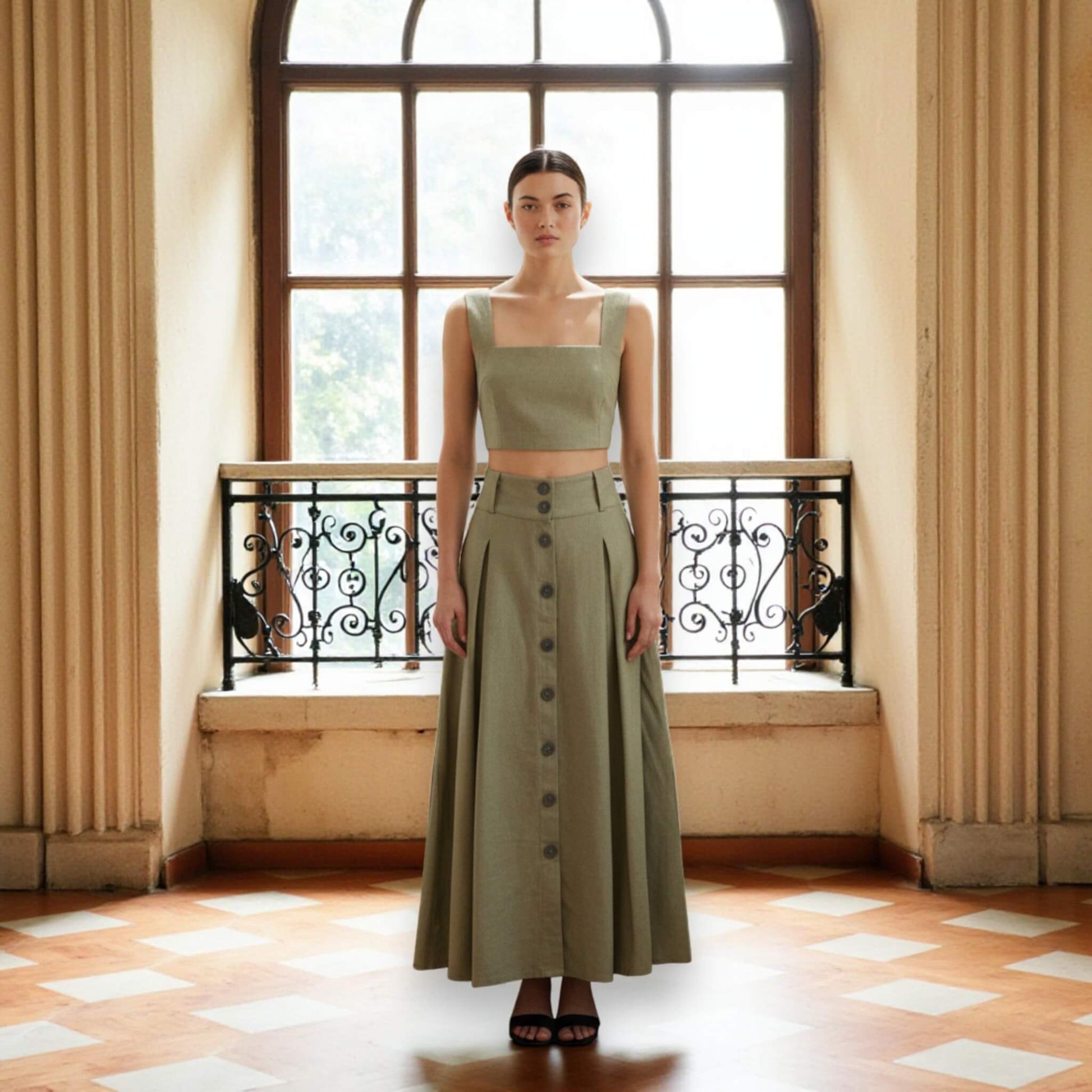 Button-Front Linen Midi Skirt, Linen A-Line Midi Skirt
