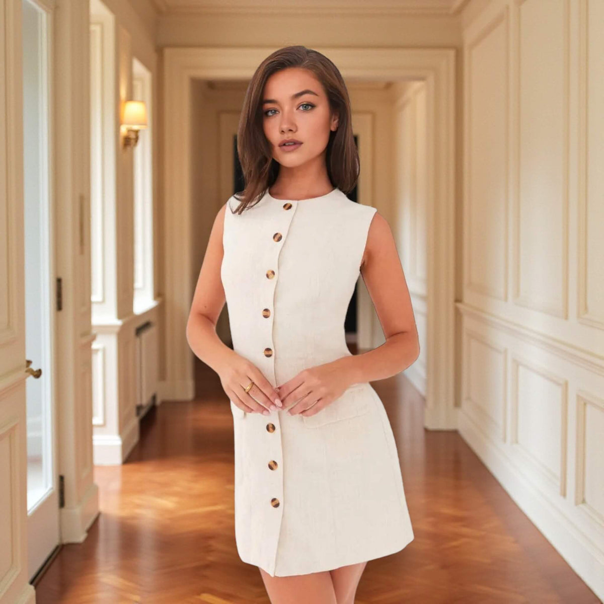 Button Front Linen Mini Dress, Sleeveless A Line Mini Dress