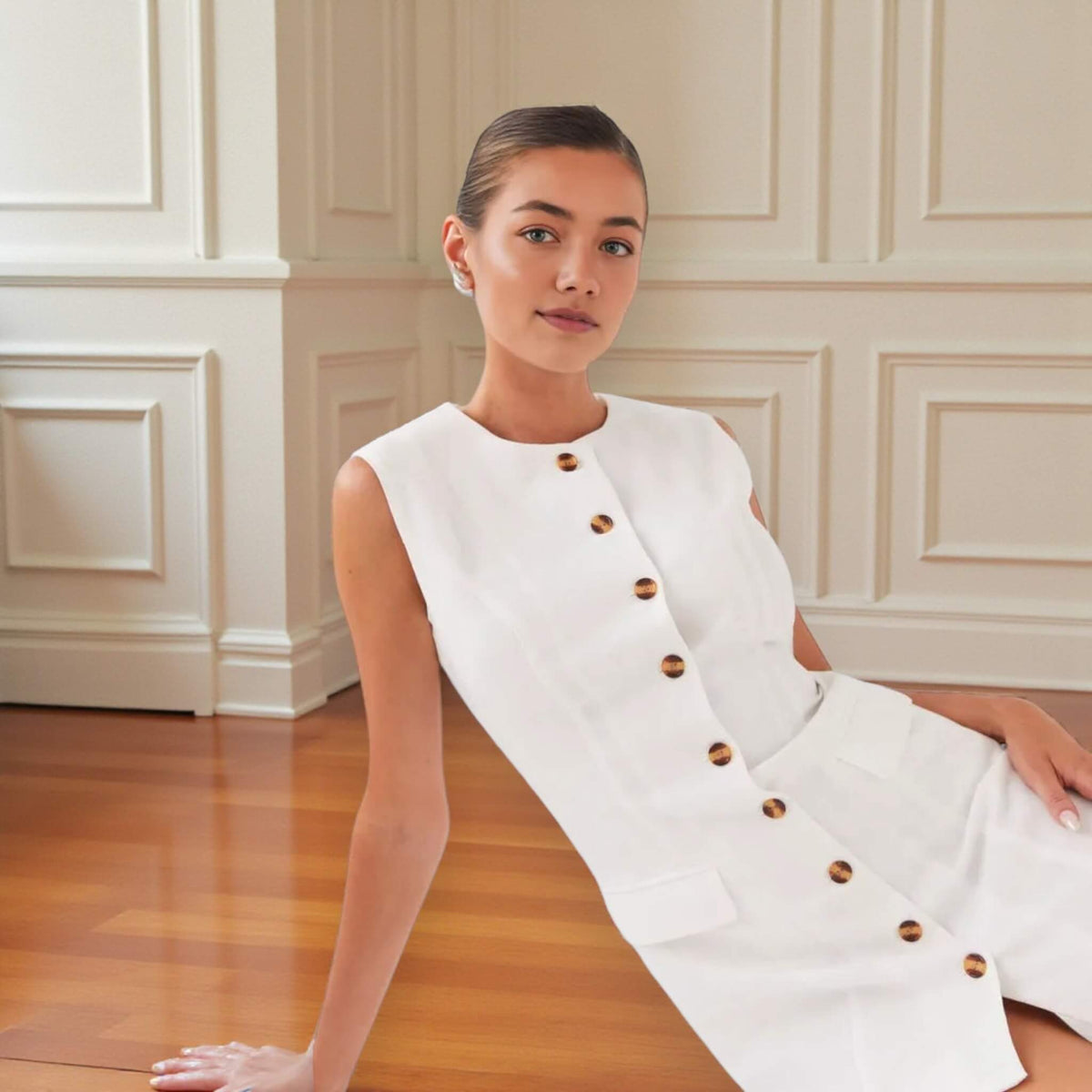 Button Front Linen Mini Dress, Sleeveless A Line Mini Dress