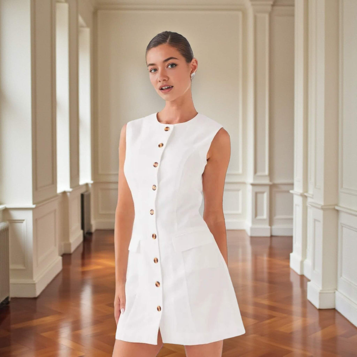 Button Front Linen Mini Dress, Sleeveless A Line Mini Dress