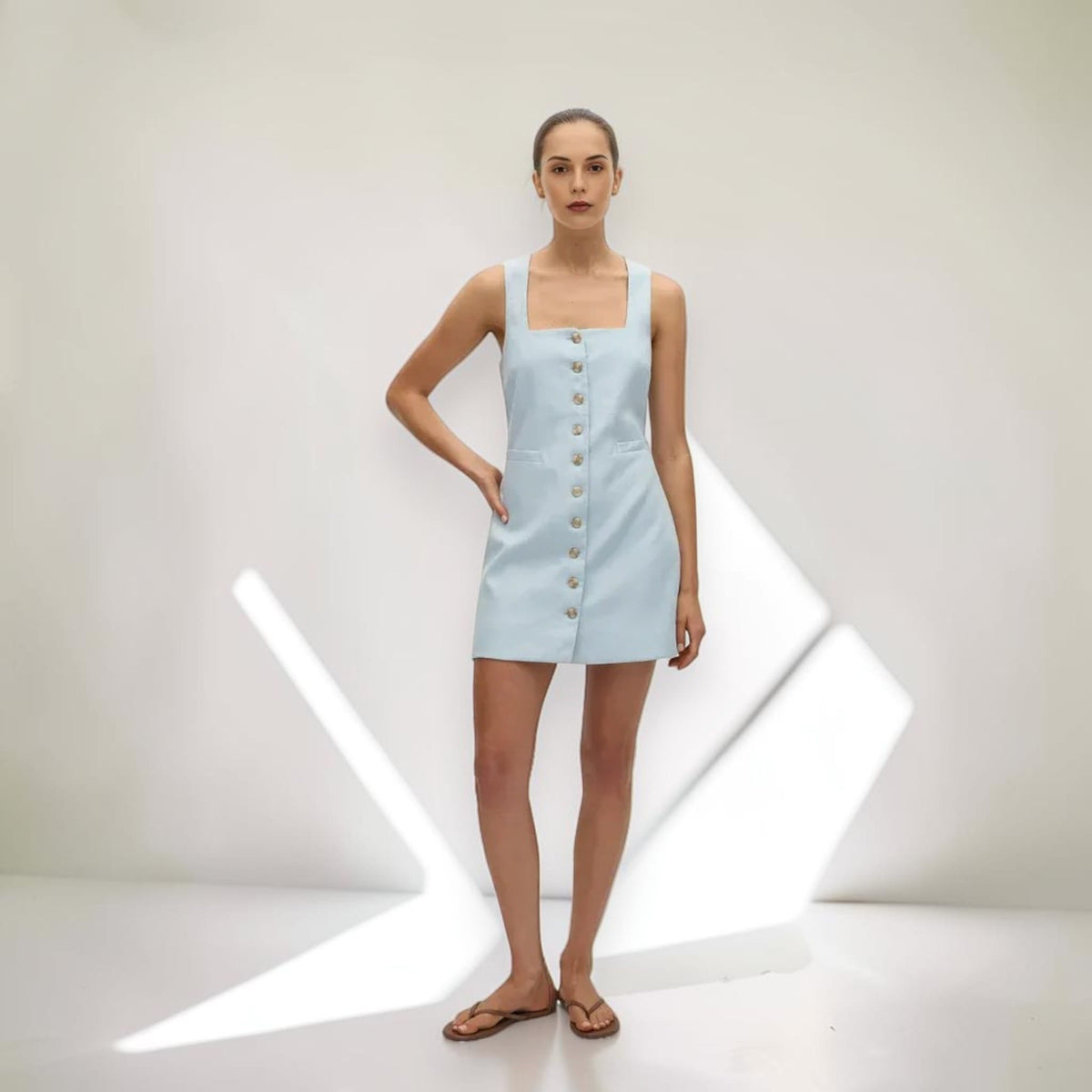 Button Front Linen Mini Dress, Square Neck Wide Straps