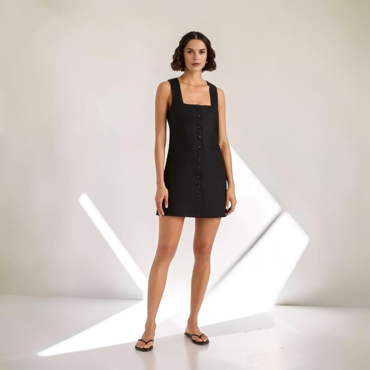 Button Front Linen Mini Dress, Square Neck Wide Straps