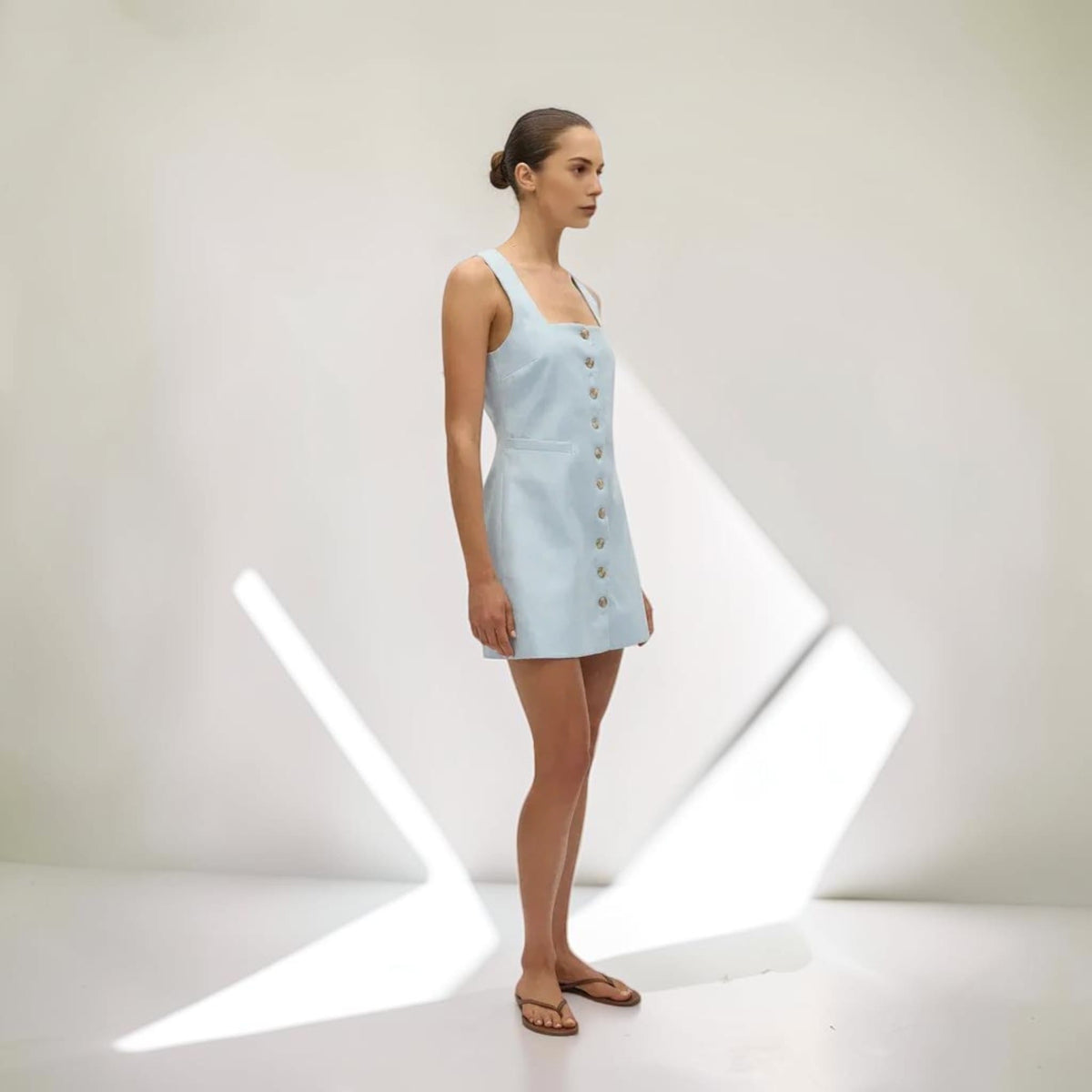 Button Front Linen Mini Dress, Square Neck Wide Straps