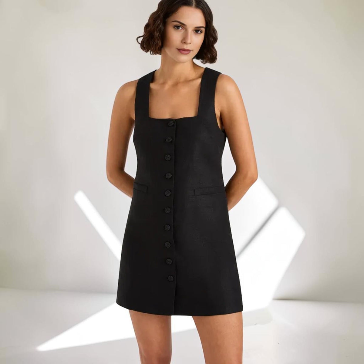 Button Front Linen Mini Dress, Square Neck Wide Straps