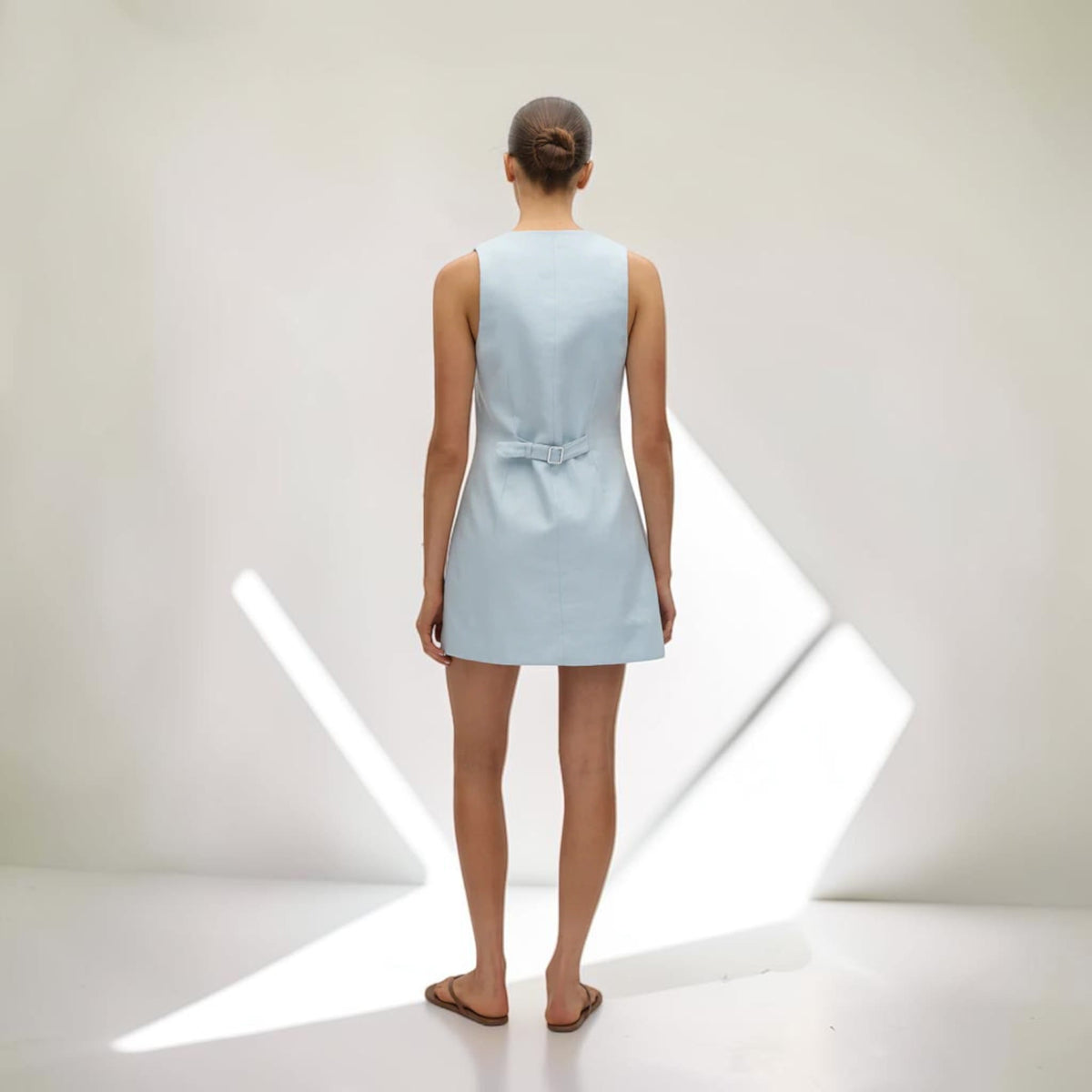Button Front Linen Mini Dress, Square Neck Wide Straps