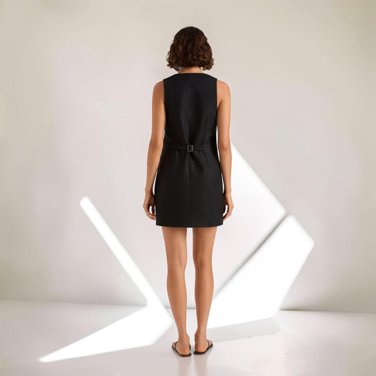 Button Front Linen Mini Dress, Square Neck Wide Straps