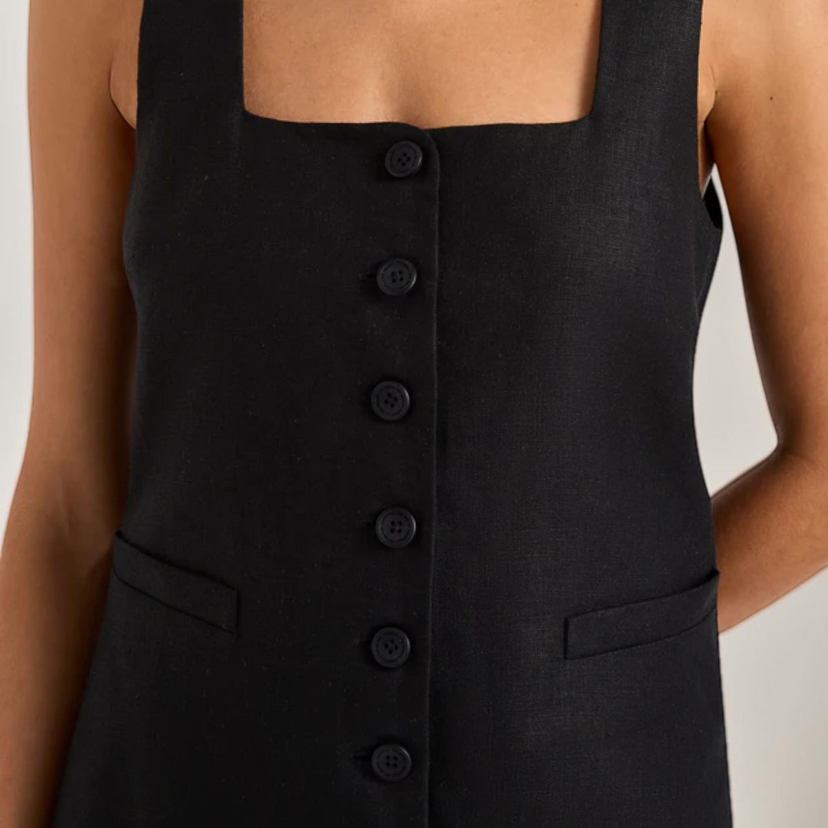 Button Front Linen Mini Dress, Square Neck Wide Straps