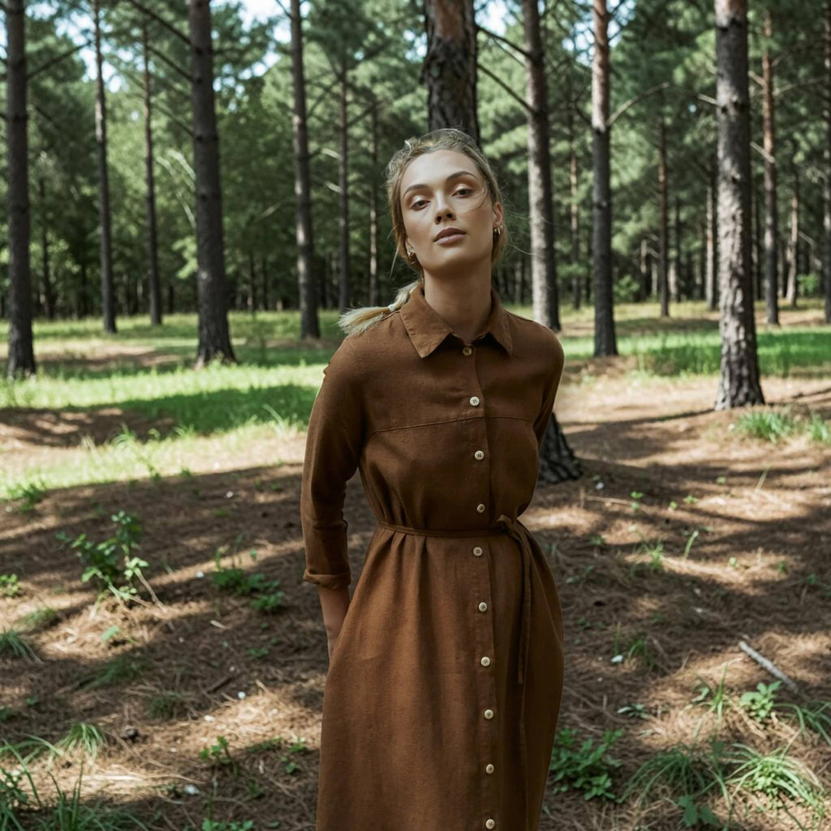 Button-Front Linen Shirt Dress, Self-Tie Waist