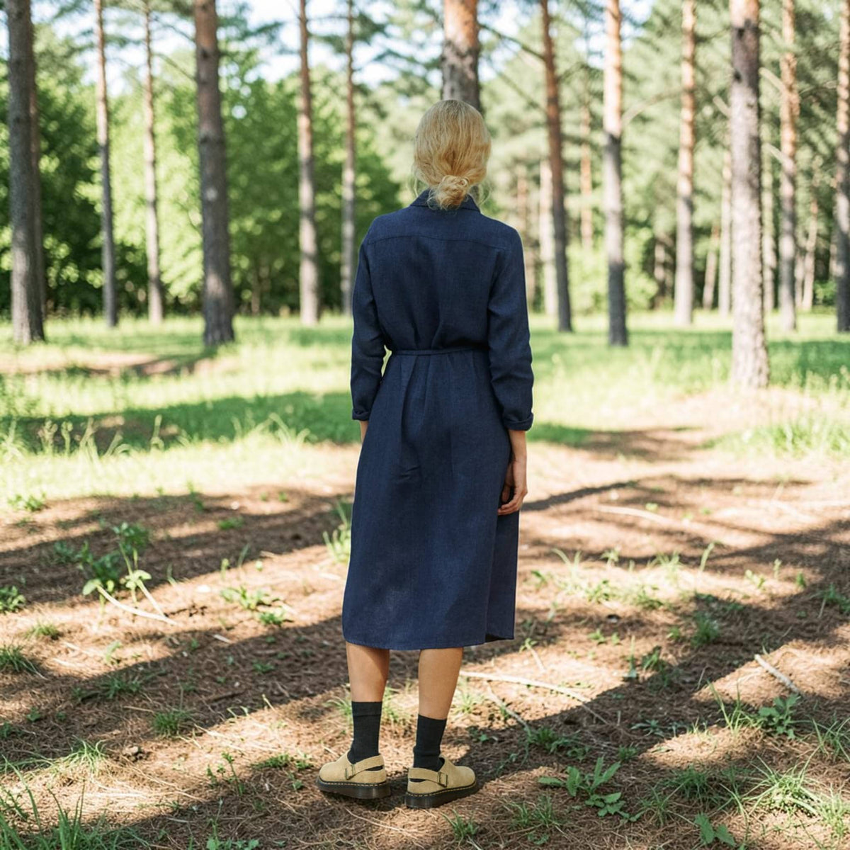 Button-Front Linen Shirt Dress, Self-Tie Waist