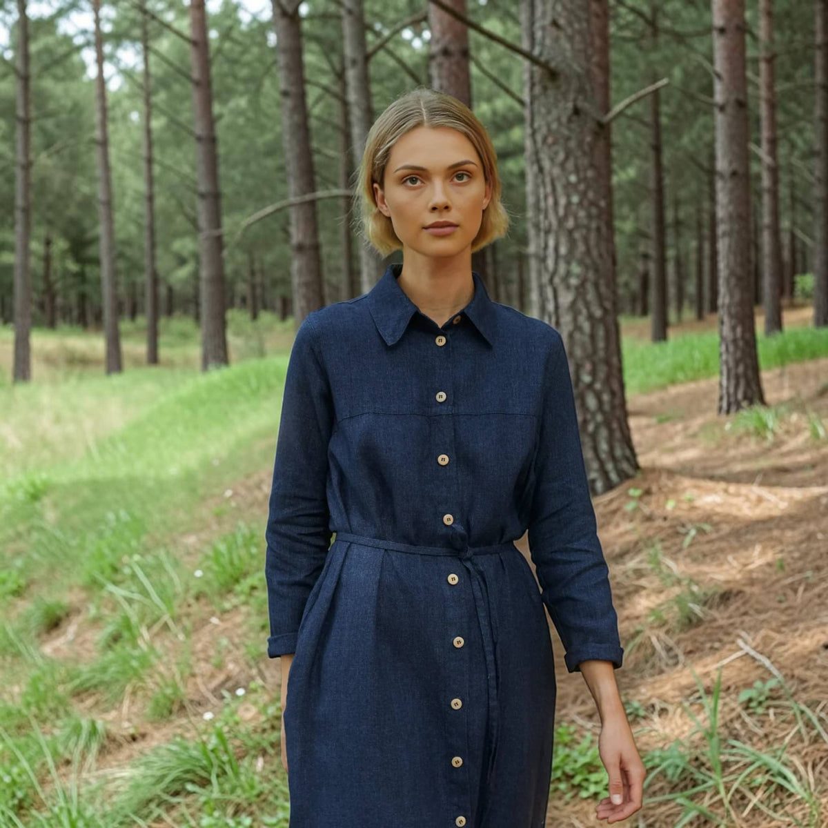 Button-Front Linen Shirt Dress, Self-Tie Waist
