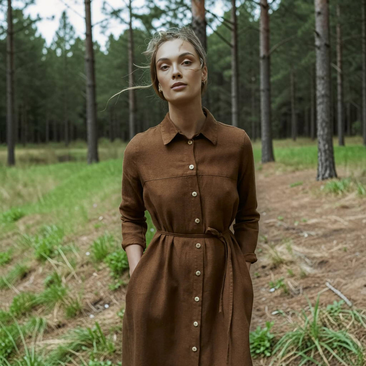 Button-Front Linen Shirt Dress, Self-Tie Waist