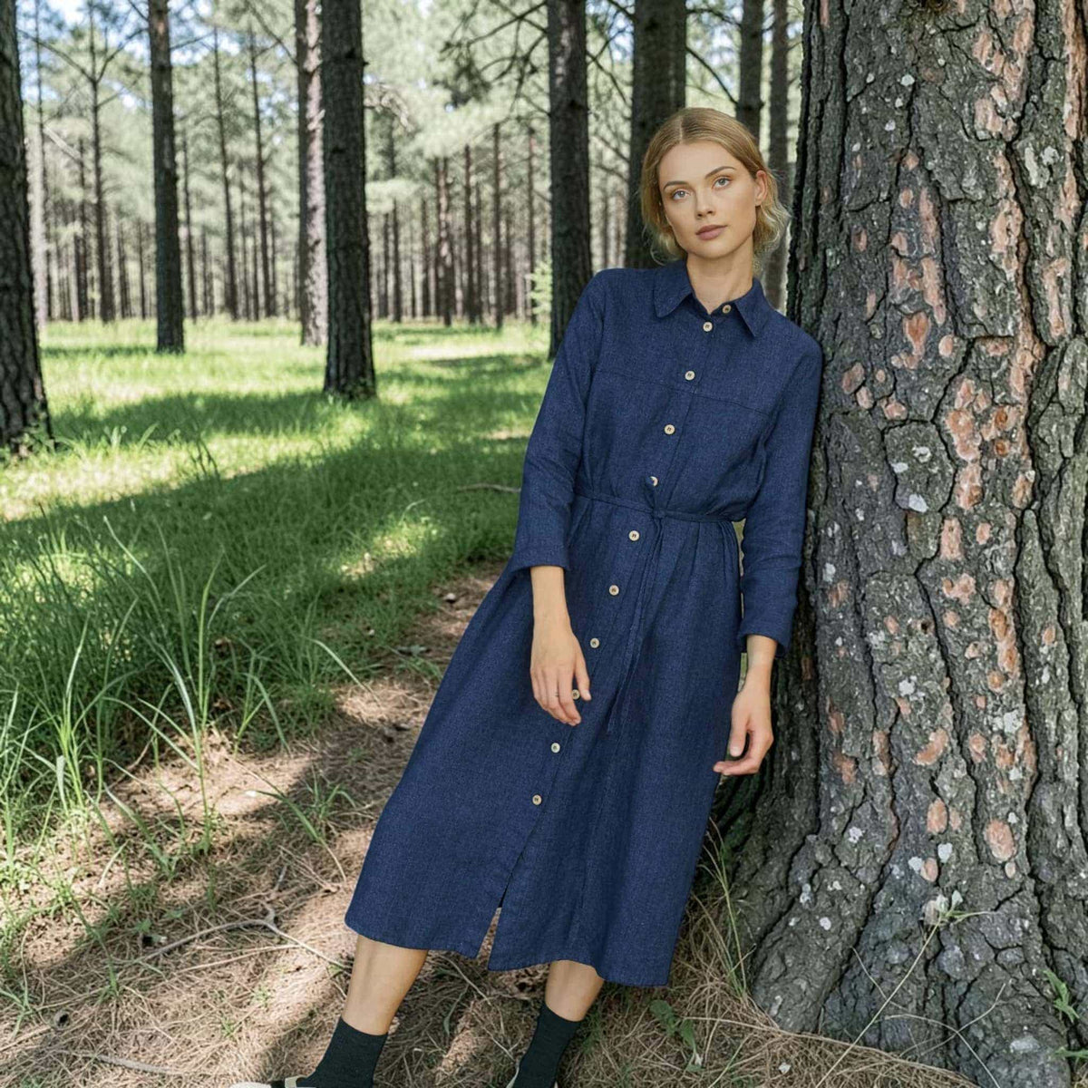 Button-Front Linen Shirt Dress, Self-Tie Waist