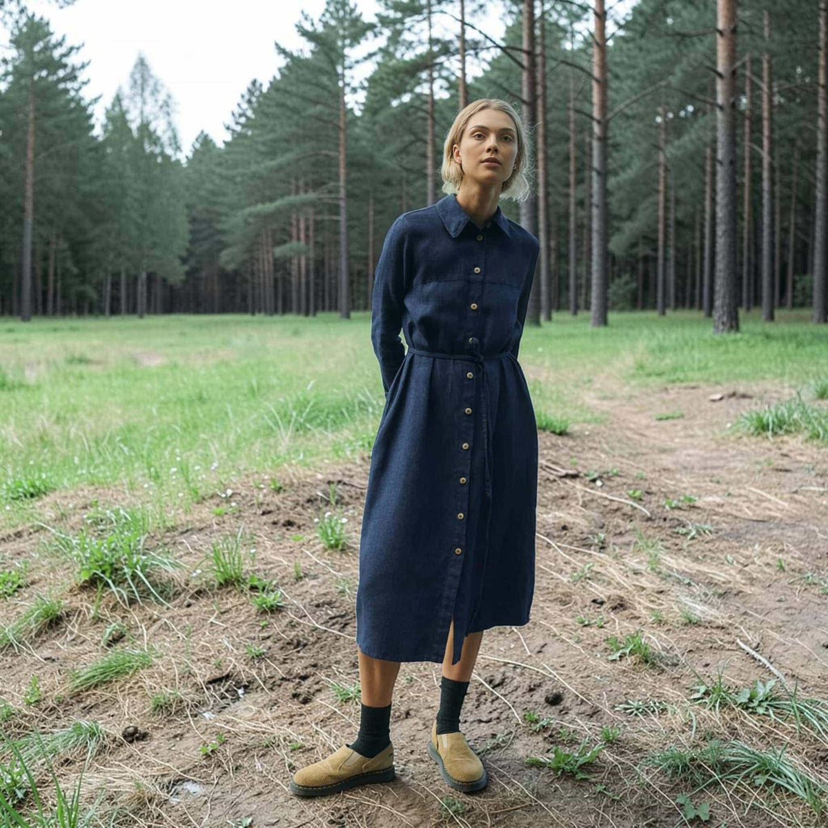 Button-Front Linen Shirt Dress, Self-Tie Waist