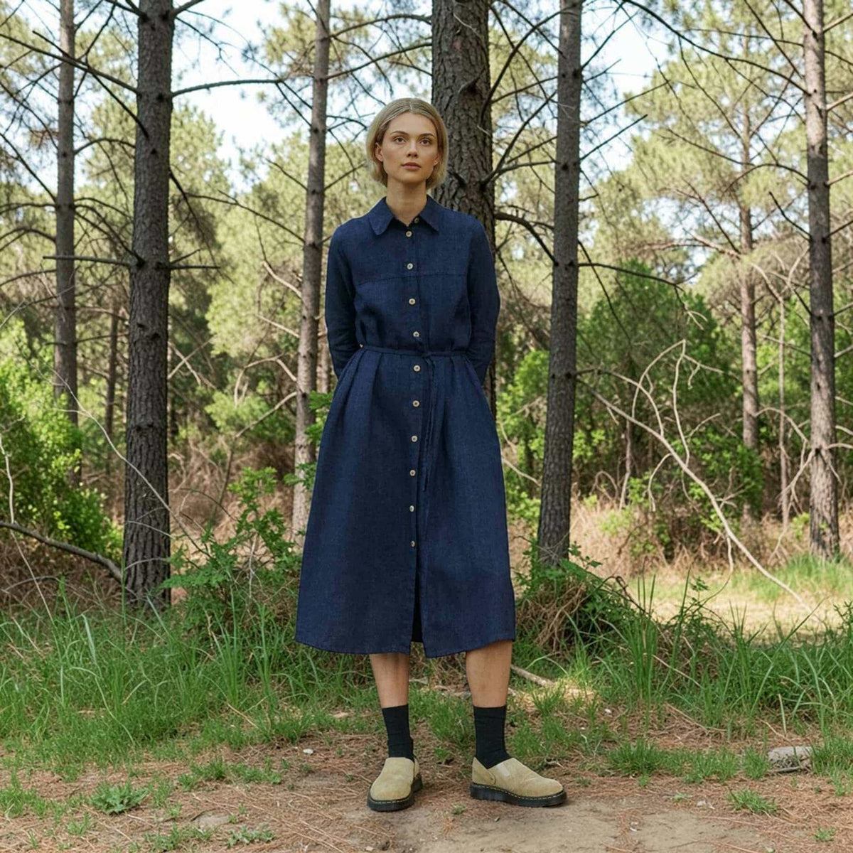 Button-Front Linen Shirt Dress, Self-Tie Waist