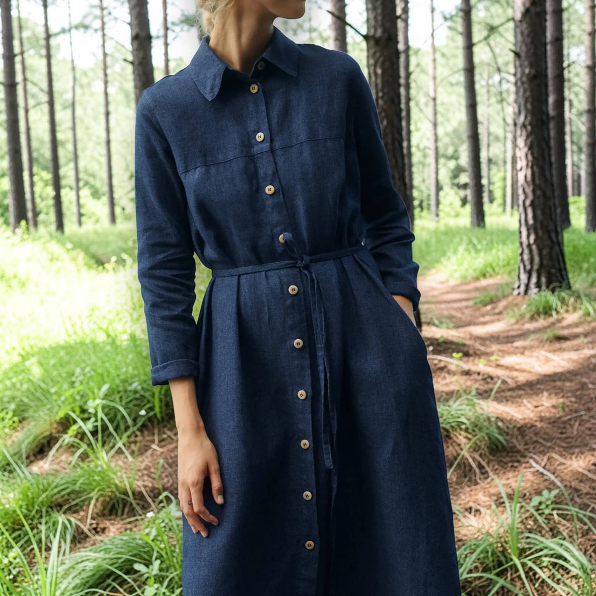 Button-Front Linen Shirt Dress, Self-Tie Waist