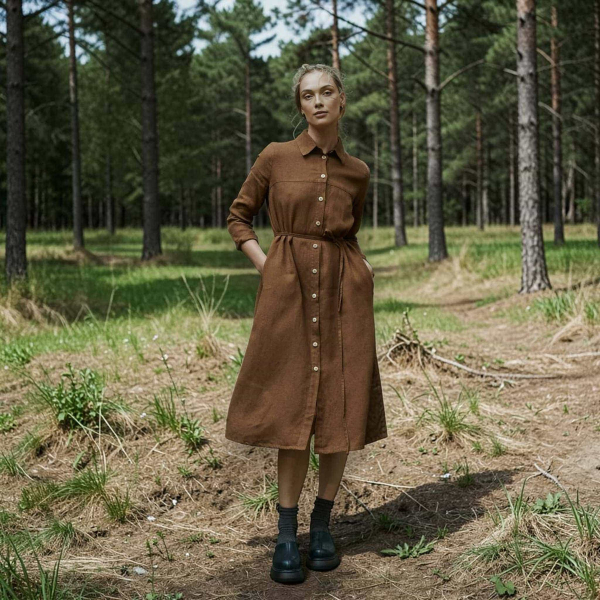 Button-Front Linen Shirt Dress, Self-Tie Waist