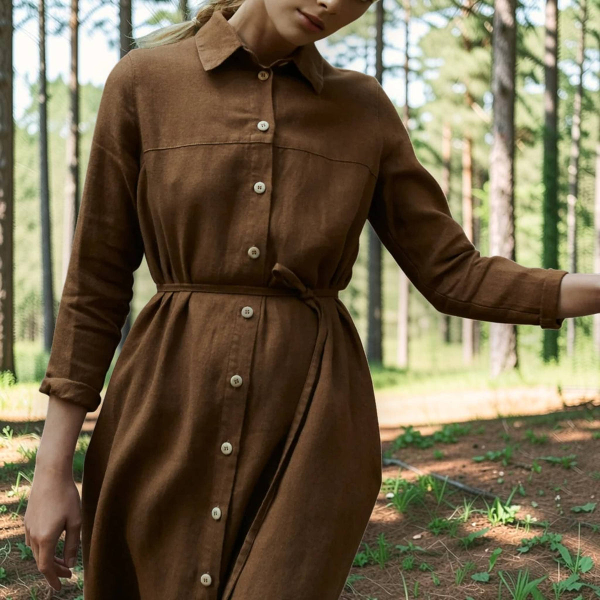 Button-Front Linen Shirt Dress, Self-Tie Waist