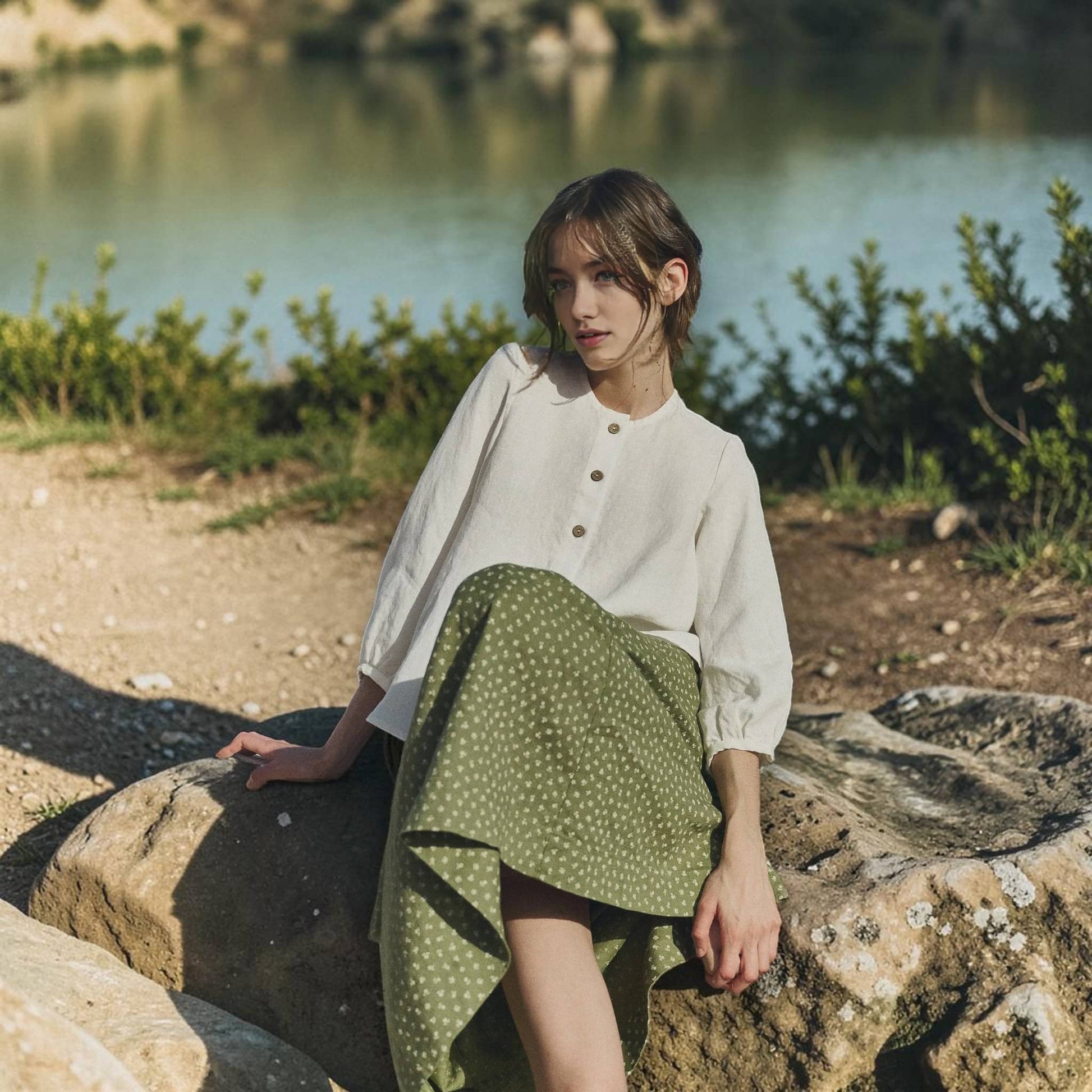 Button Front Linen Top, Round Neck Balloon Sleeve