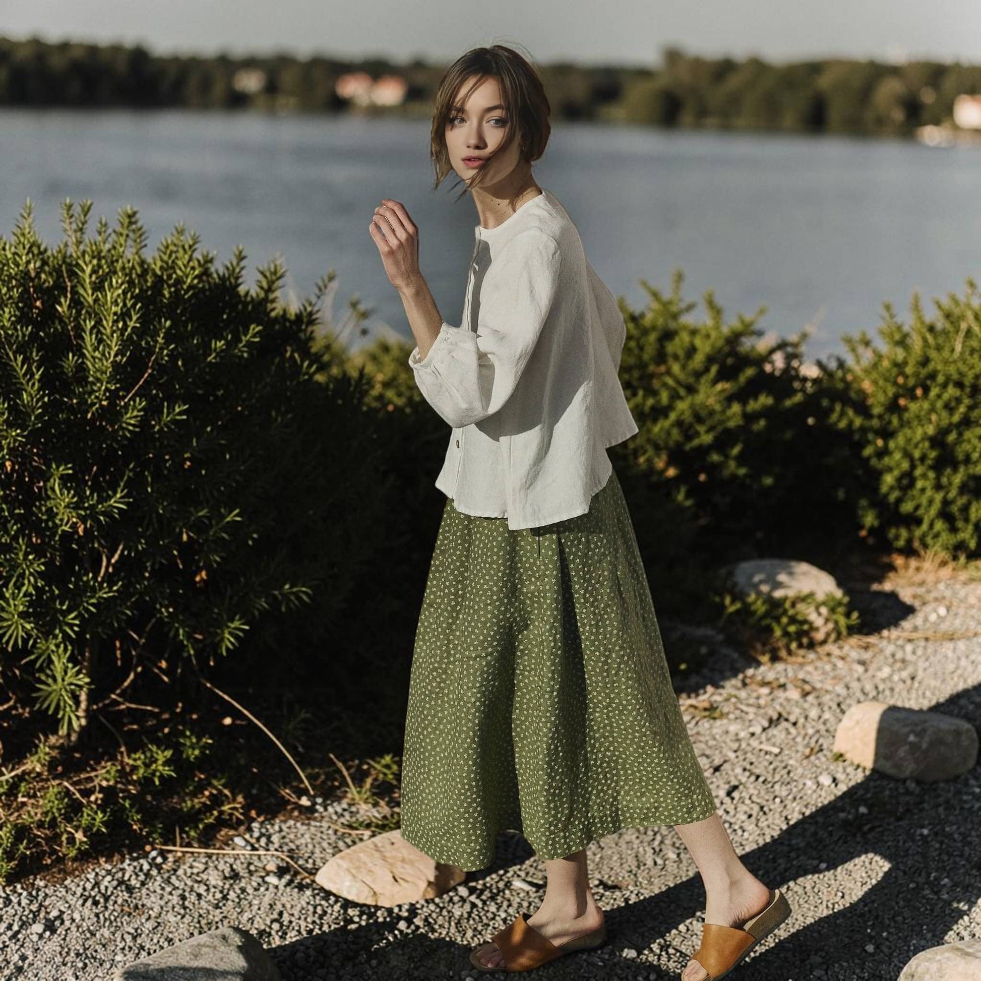 Button Front Linen Top, Round Neck Balloon Sleeve