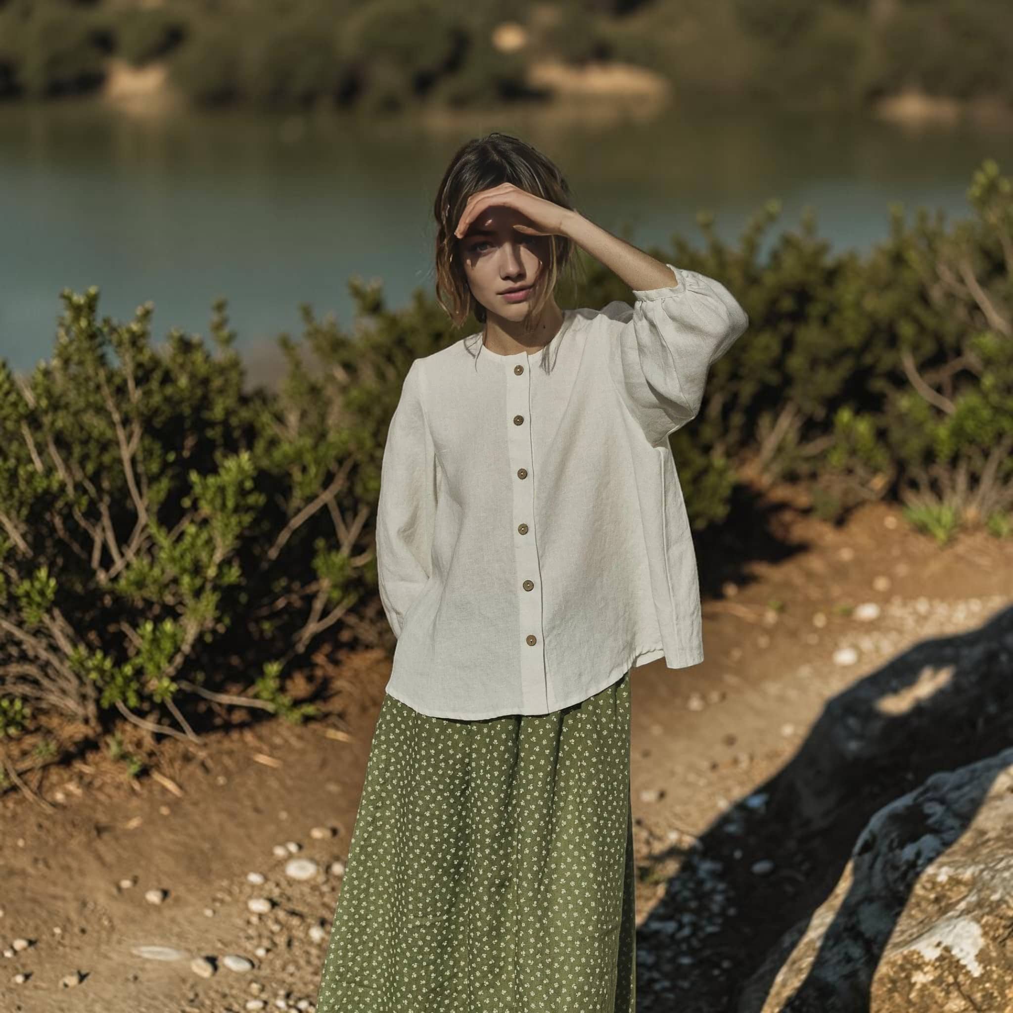 Button Front Linen Top, Round Neck Balloon Sleeve