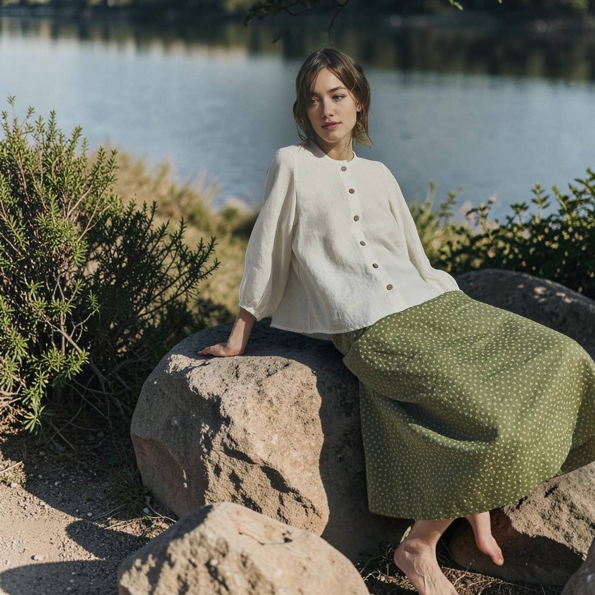 Button Front Linen Top, Round Neck Balloon Sleeve