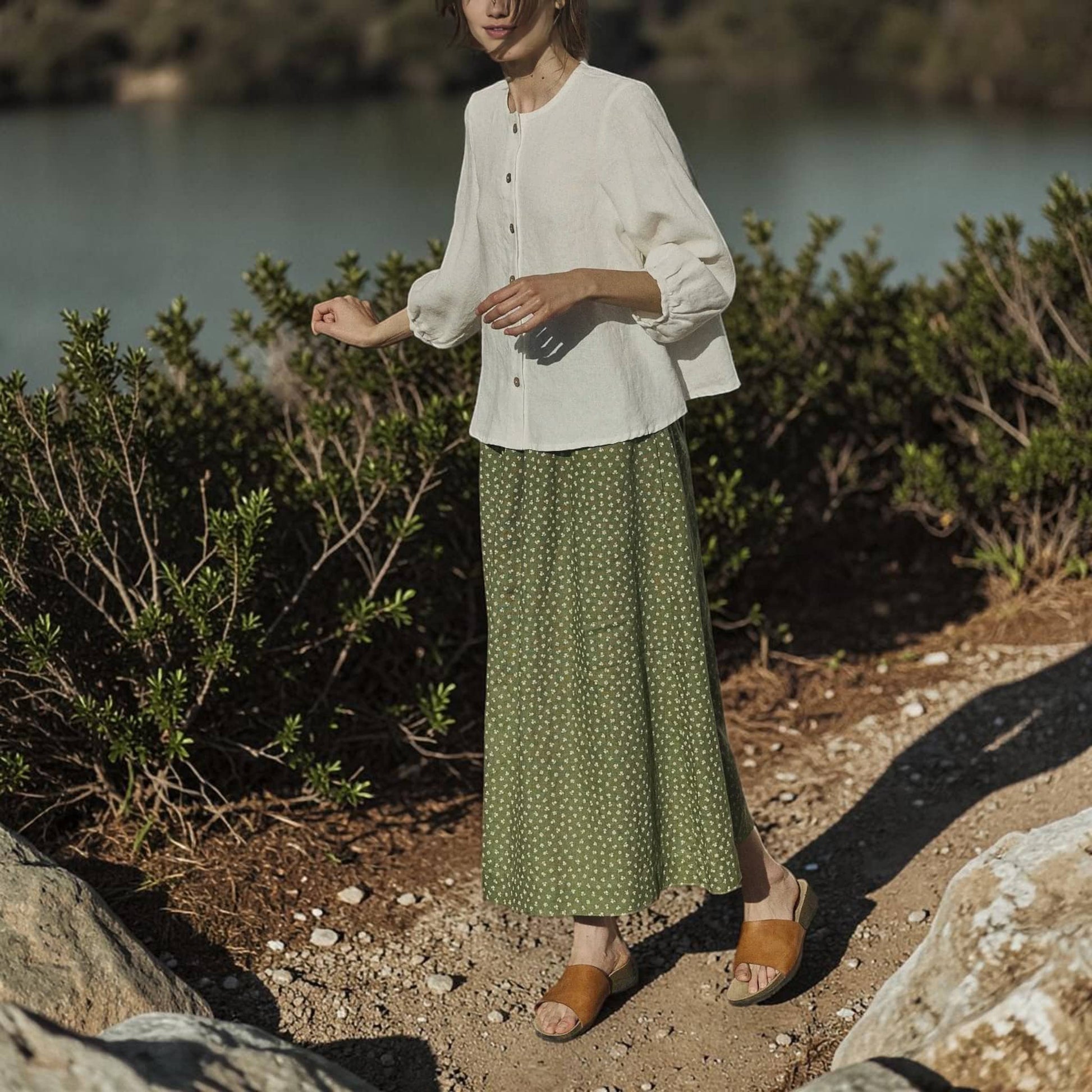 Button Front Linen Top, Round Neck Balloon Sleeve