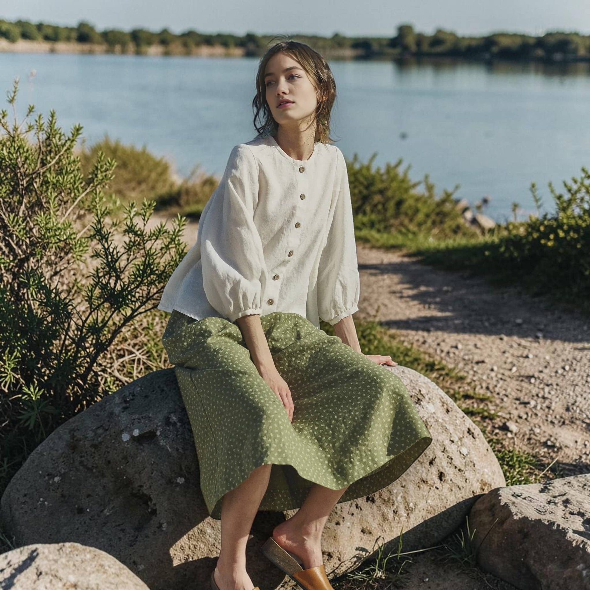 Button Front Linen Top, Round Neck Balloon Sleeve