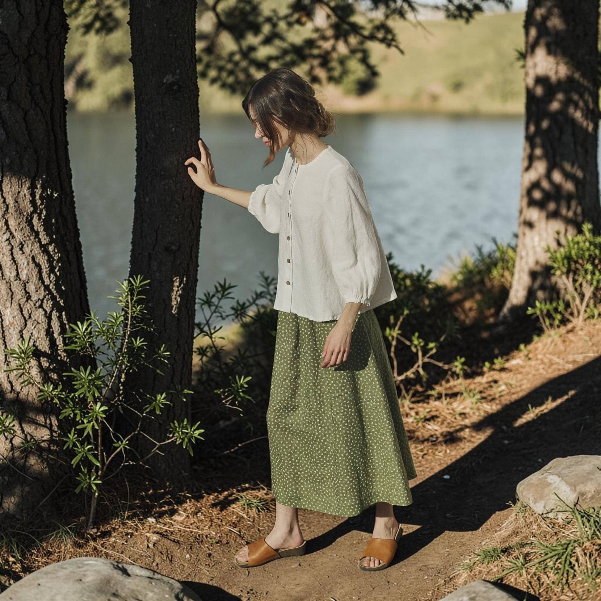 Button Front Linen Top, Round Neck Balloon Sleeve