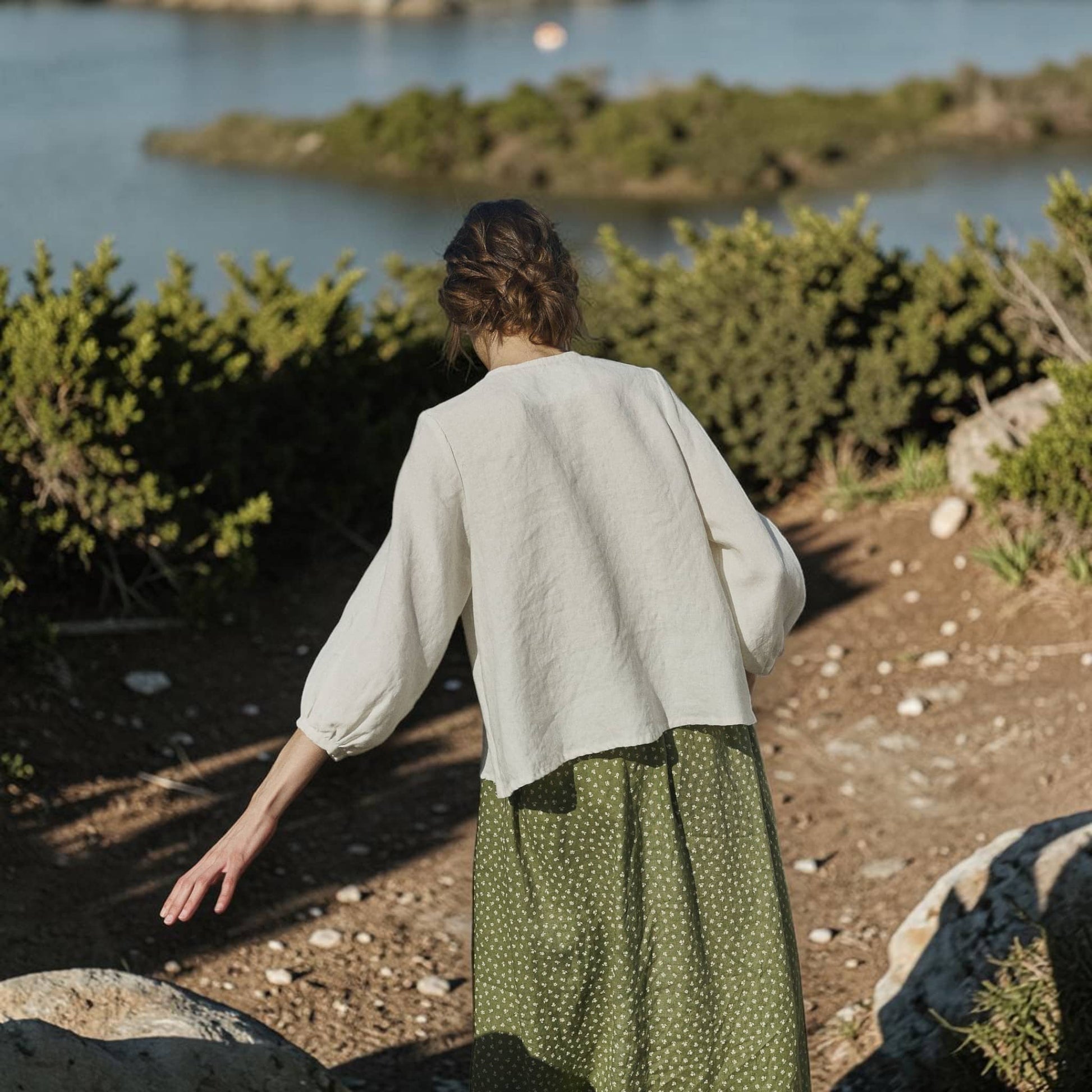 Button Front Linen Top, Round Neck Balloon Sleeve