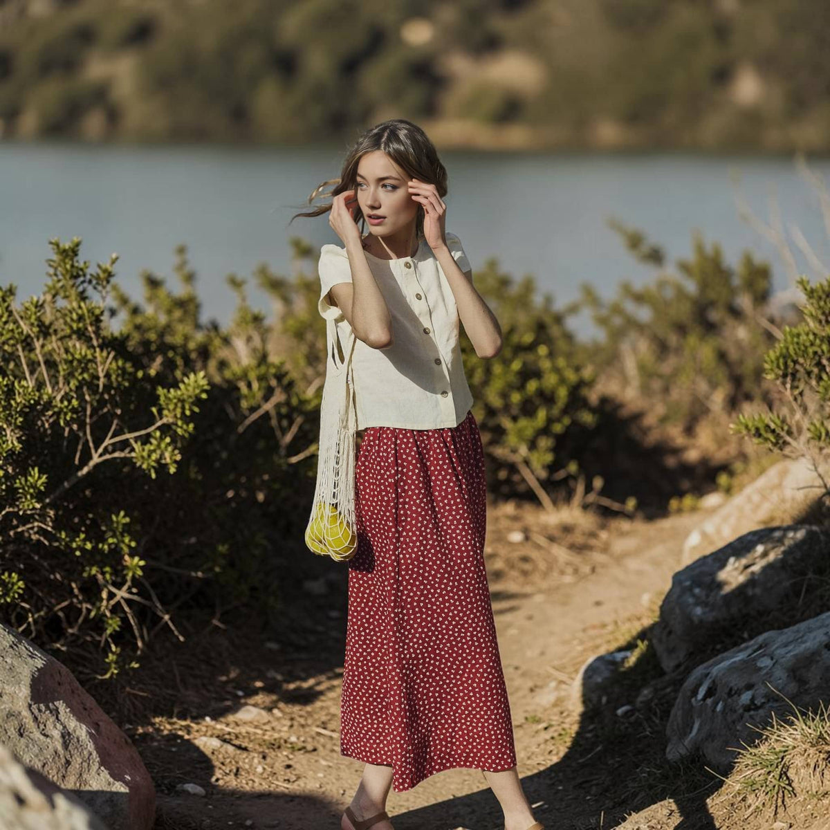 Button Front Linen Top, Round Neck Cap Sleeve 