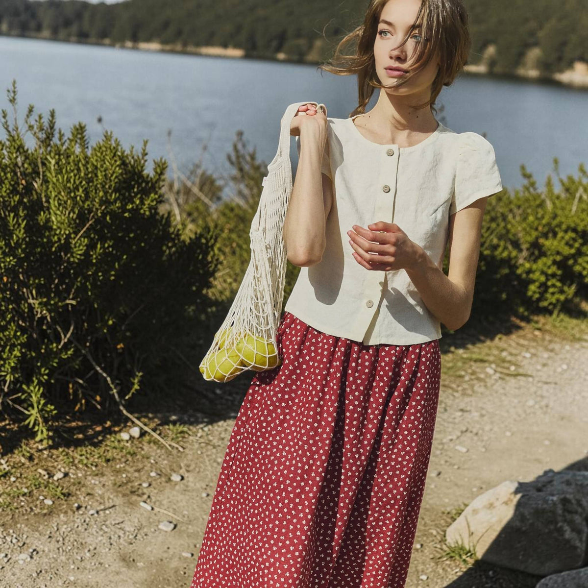 Button Front Linen Top, Round Neck Cap Sleeve 