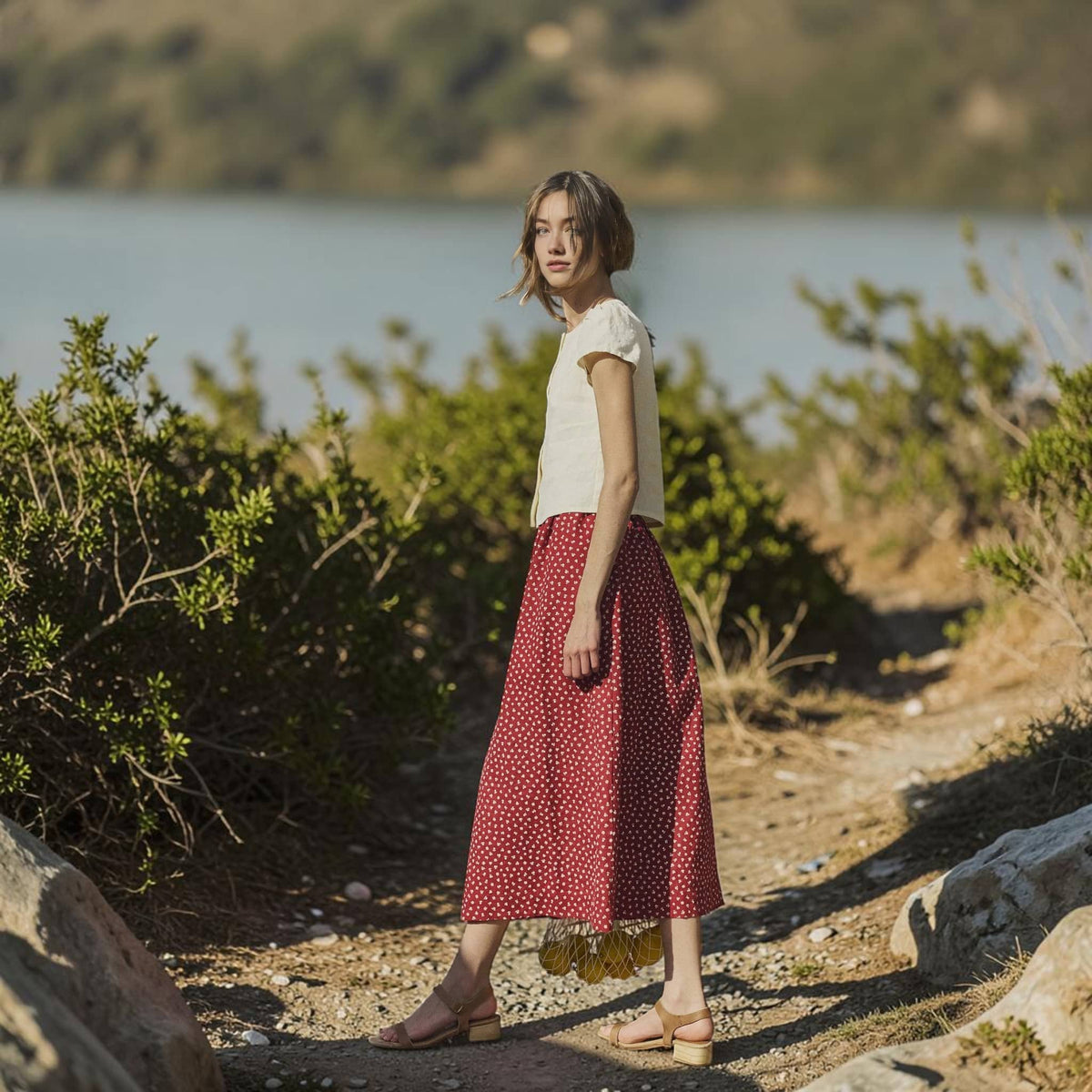 Button Front Linen Top, Round Neck Cap Sleeve 